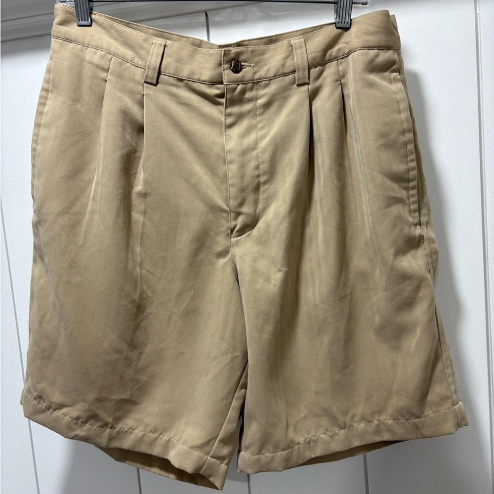 Bogari Size 34 Men Tan Pleated Silk Comfort Chino Shorts Pockets Missing Button